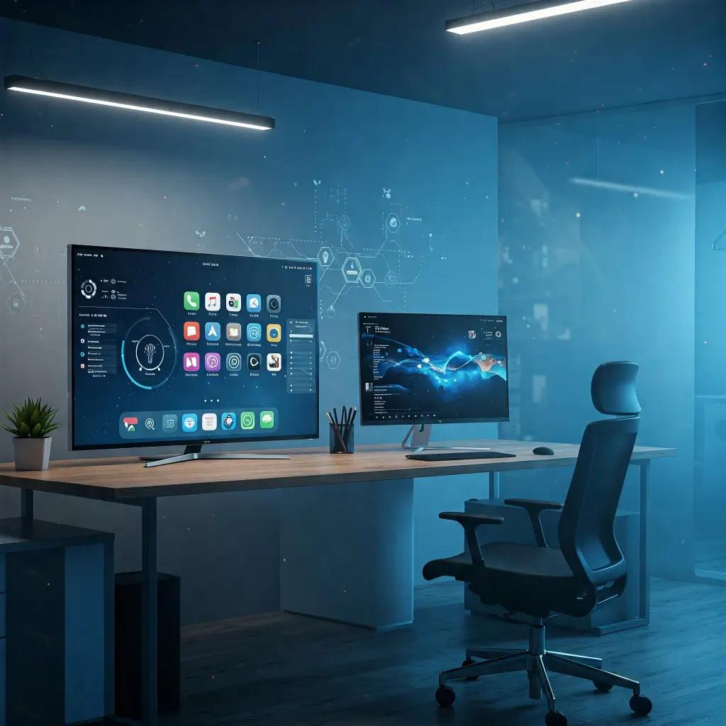 Ufficio futuristico con PC di ultima generazione, rappresentazione di tecnologie avanzate e sviluppo di siti web con funzionalità innovative