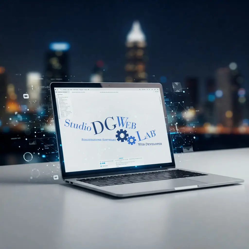 Monitor di computer con il logo 'Studio DG WebLab' sovrapposto a un paesaggio urbano notturno, rappresentazione di sviluppo web e design digitale