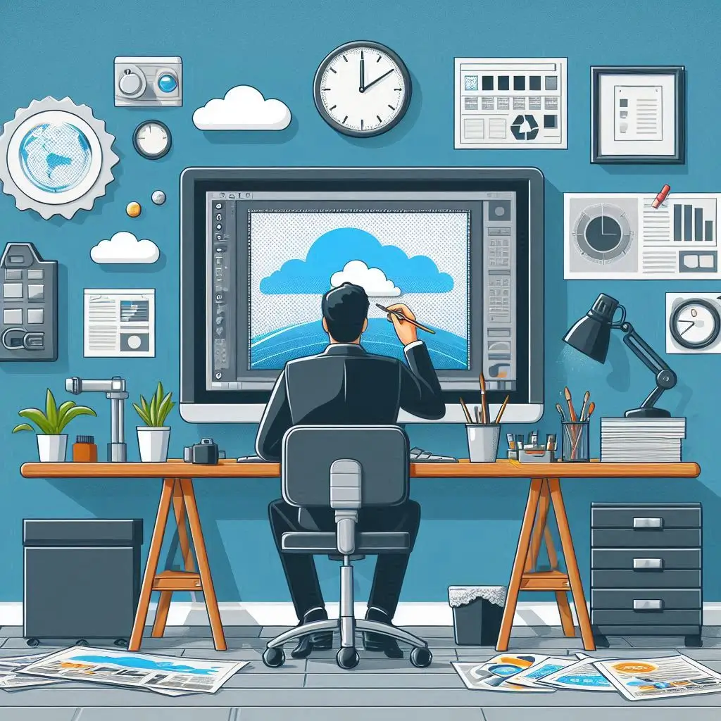 Designer al computer che crea un'illustrazione digitale, rappresentazione di design personalizzato e sviluppo di identità visiva