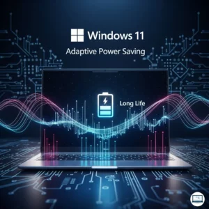 Laptop Windows 11 con grafica di risparmio energetico adattivo, batteria longeva e circuiti digitali illuminati.