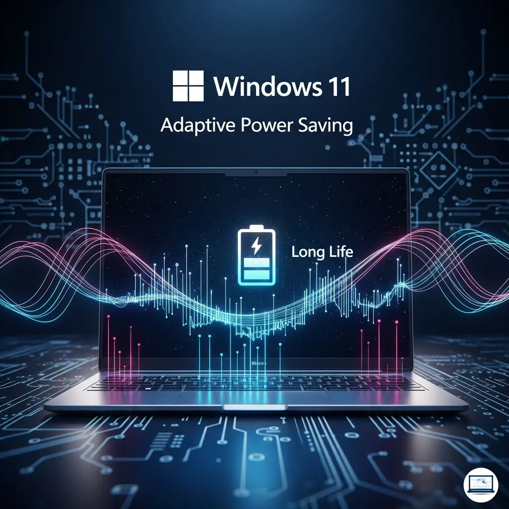 Laptop Windows 11 con grafica di risparmio energetico adattivo, batteria longeva e circuiti digitali illuminati.