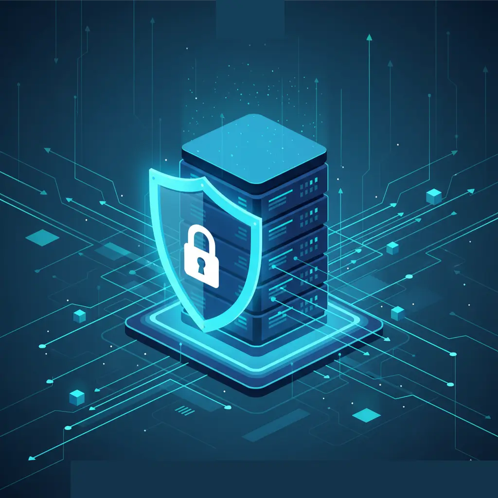 Diagramma che rappresenta un server robusto con scudi protettivi e connessioni di dati che indicano la scalabilità.