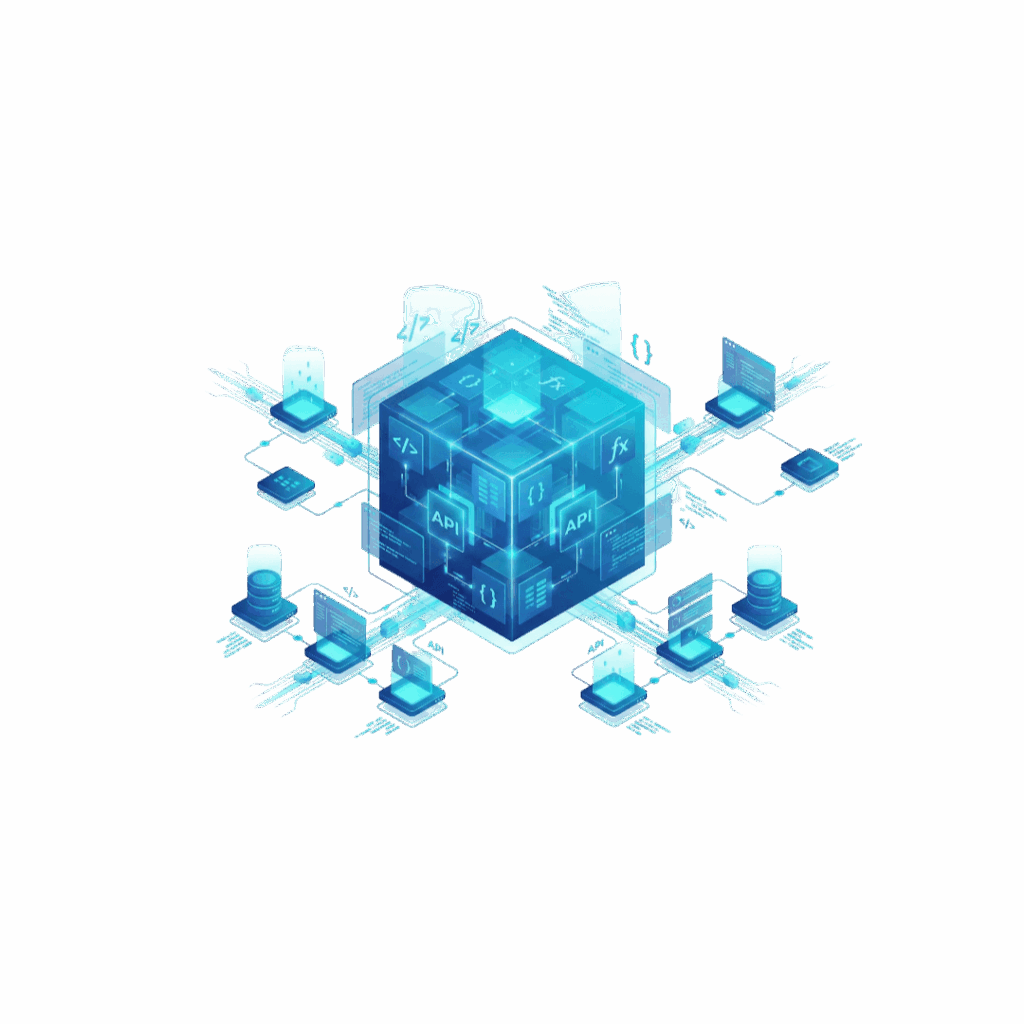 Illustrazione isometrica astratta di un'architettura software centralizzata, che mostra blocchi di codice, API e flussi di dati interconnessi senza hardware fisico. Digital Solutions