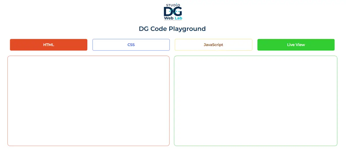 Interfaccia iniziale del DG Code Playground: pannelli di HTML, CSS e JavaScript vuoti, pronti per lo sviluppo in tempo reale.
