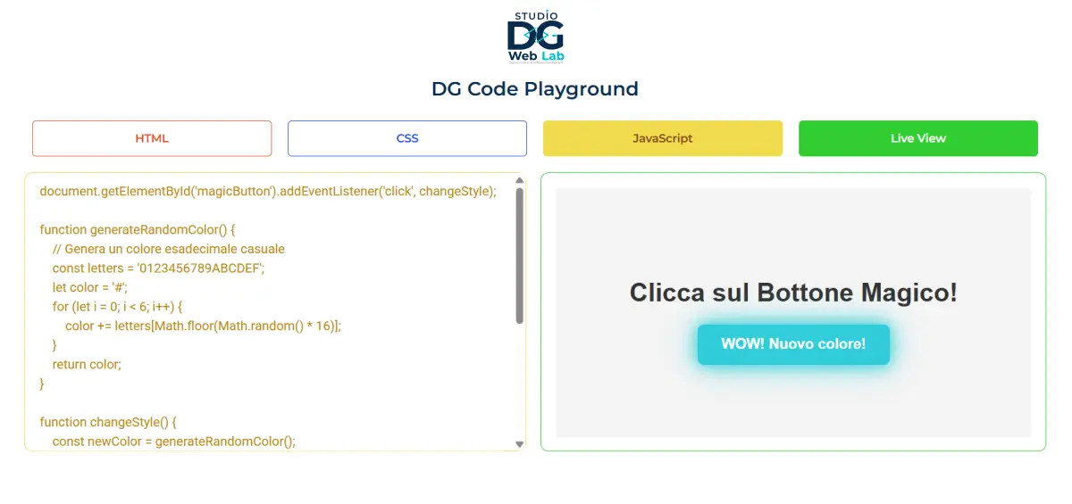 Screenshot del DG Code Playground con codice JavaScript attivo: l'elemento di output mostra il bottone interattivo con cambio colore dinamico e testo "WOW! Nuovo colore!".