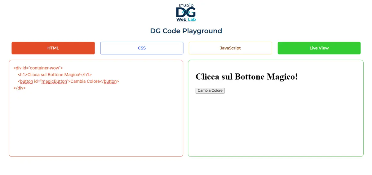 Esempio di codice HTML inserito nel DG Code Playground per definire il bottone e la struttura di base del progetto.