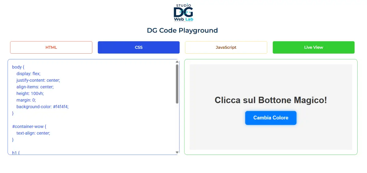 Codice CSS applicato al DG Code Playground per centrare e stilizzare l'elemento HTML, creando un bottone blu con effetto di transizione.