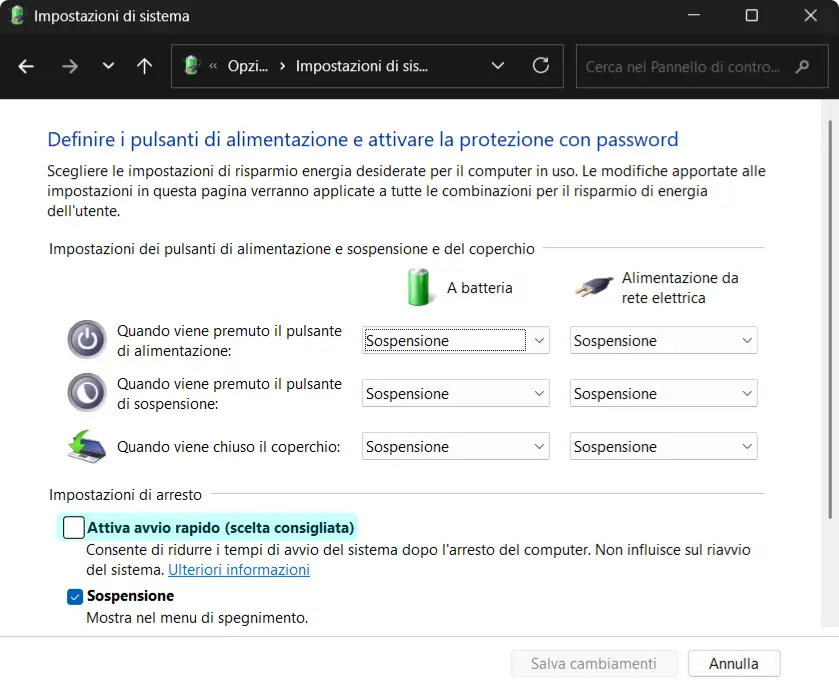 Schermata delle Impostazioni di arresto di Windows con l'opzione Attiva avvio rapido evidenziata per la disattivazione.
