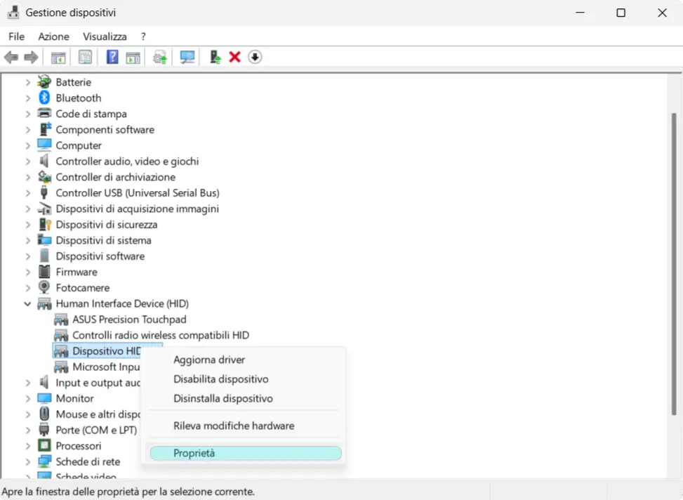 Screenshot della scheda Risparmio energia nelle proprietà del driver I2C HID Device con l'opzione per lo spegnimento del dispositivo deselezionata.