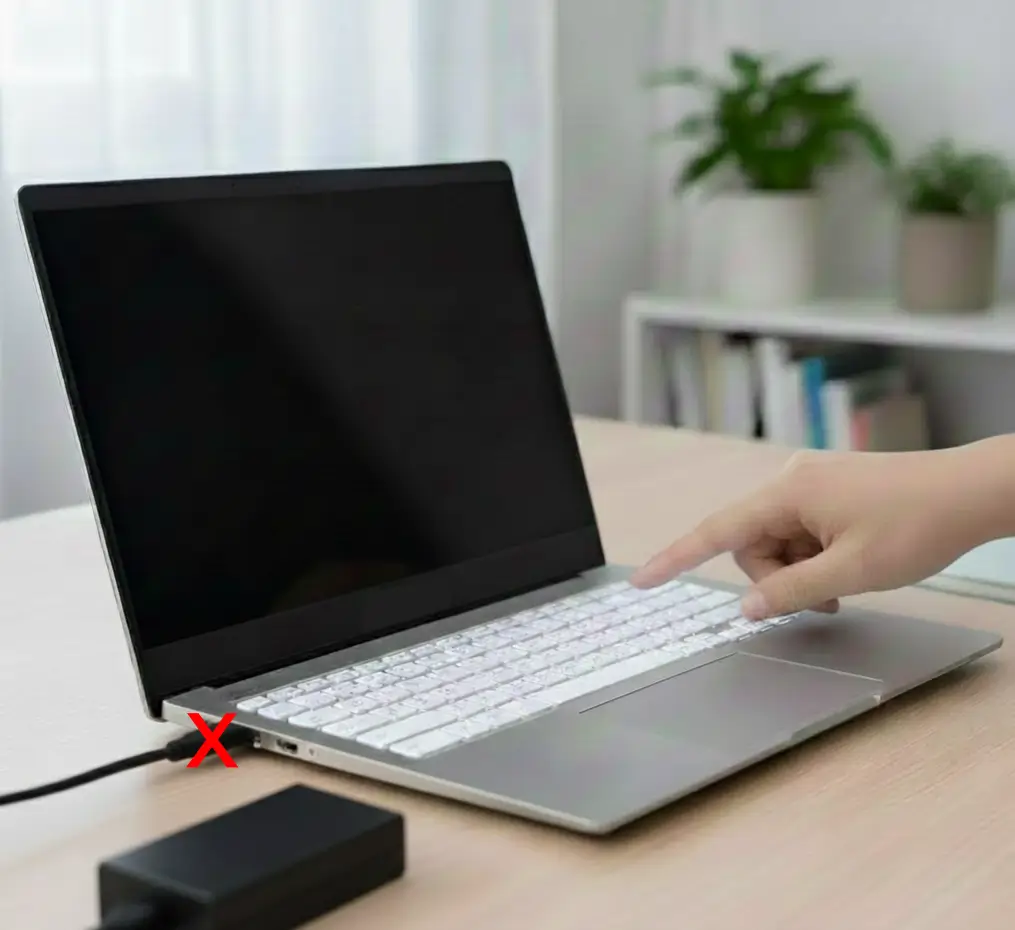 Foto di un laptop ASUS con alimentatore rimosso per illustrare la procedura di hard reset e scarica della corrente statica.