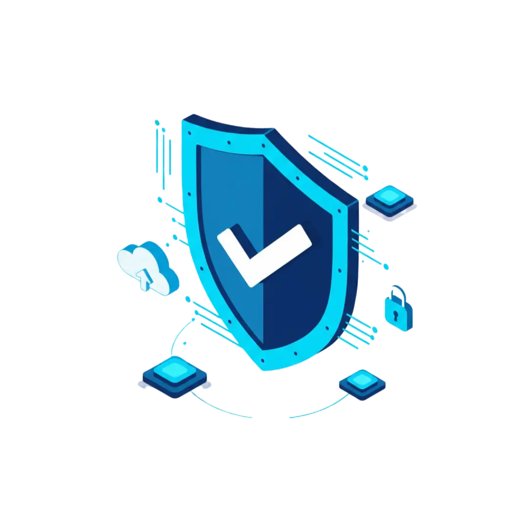 Illustrazione isometrica di uno scudo di sicurezza con spunta e un simbolo di cloud, rappresentante la manutenzione, il supporto continuo e la longevità del codice.