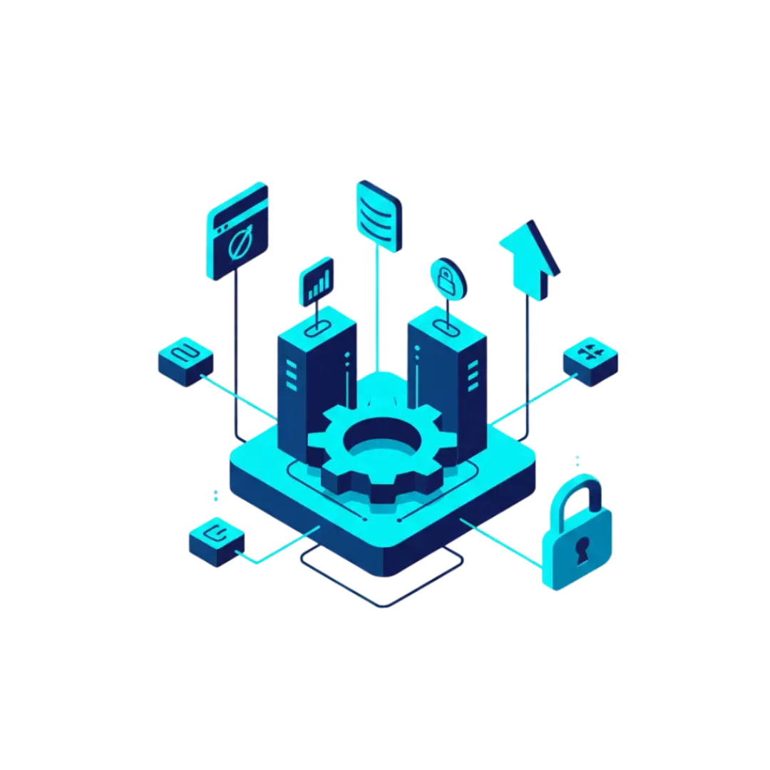 Illustrazione isometrica di ingranaggi e colonne dati per CMS e piattaforme, simboleggiando funzionalità, performance e ottimizzazione WordPress. Software Development