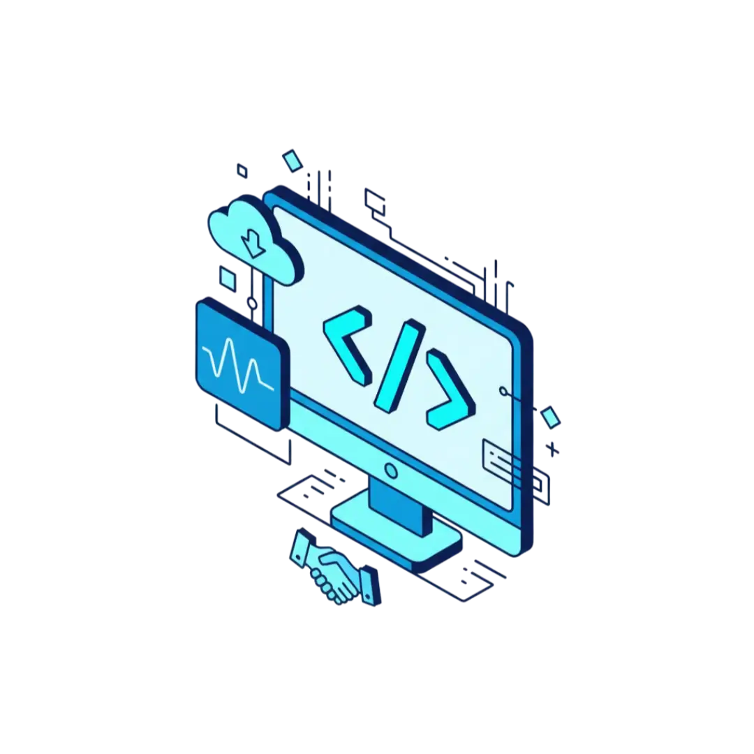 Illustrazione isometrica di un monitor che mostra codice e un'interfaccia utente, con focus sullo sviluppo Frontend, UI e UX. Siti Web Performanti e Branding Digitale